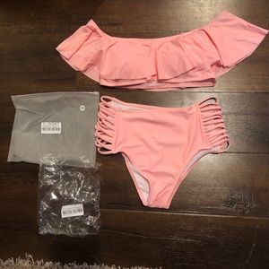 Pink ruffle top high waisted two piece